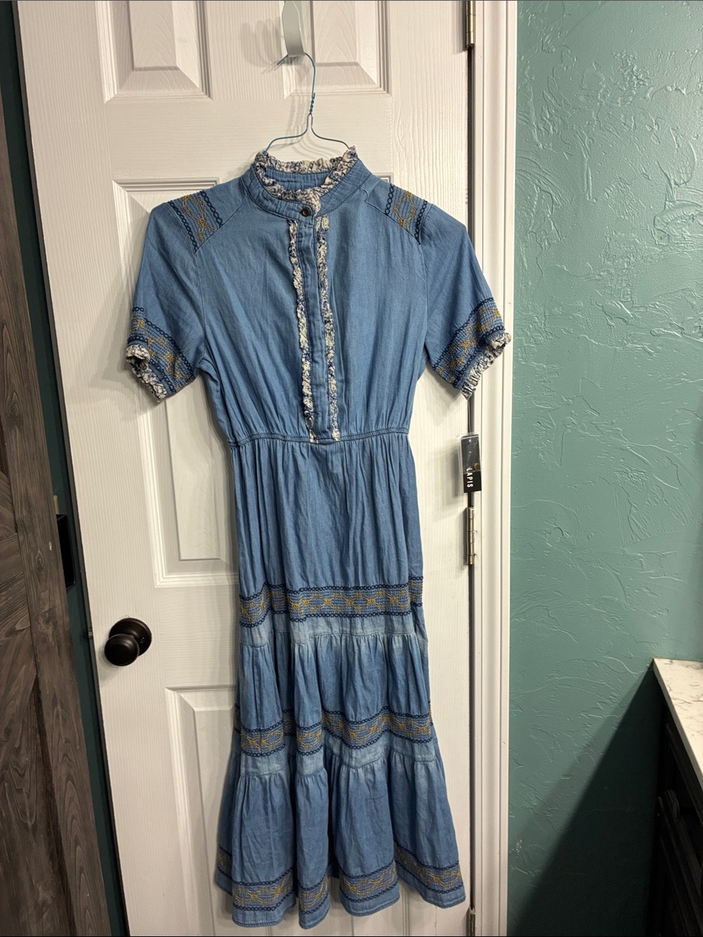 Lapis Tiered Ruffle Embroidered Prairie Dress Size M